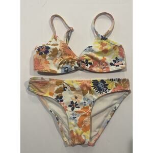 Roxy Girl Bikini Set Size 7/XS Floral Tie Front Strappy Swim 2 Piece